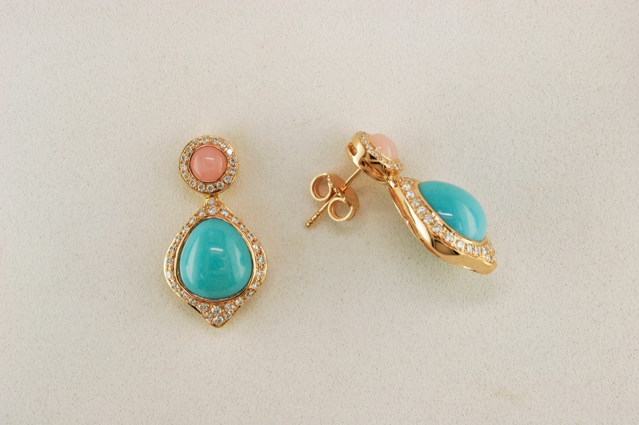 Coral and turquoise drop earrings in gold with diamond accents