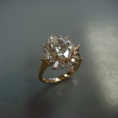 Gold engagement ring with an oval diamond framed by a starburst of baguette and marquise diamonds