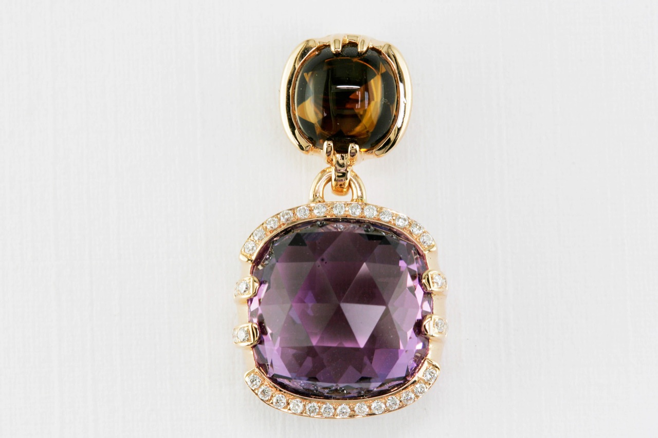 Cushion purple gemstone pendant with a smoky accent stone and a gold diamond halo