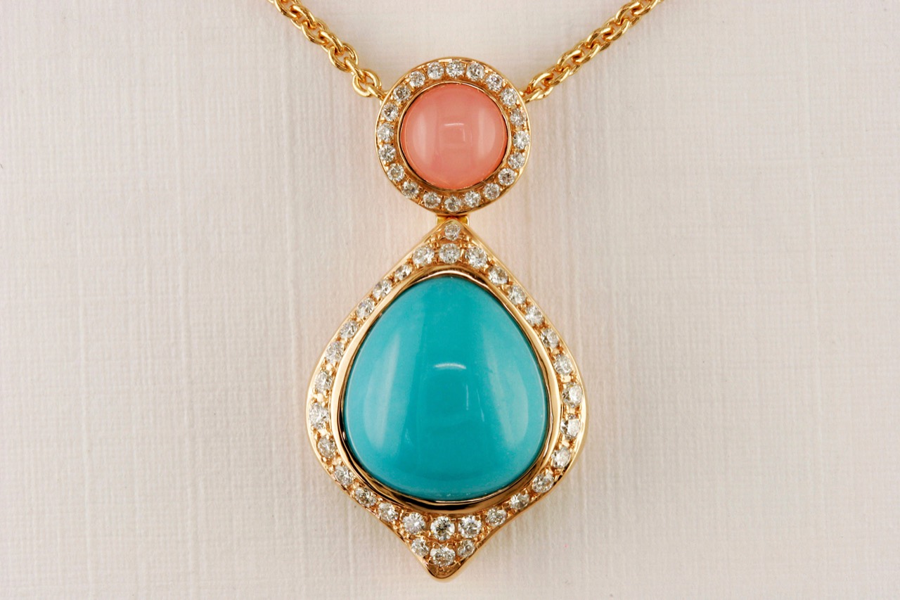 Coral and turquoise pendant necklace in gold with diamond accents
